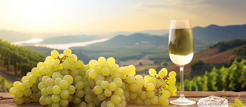 A copy space image of white wine grapes against the scenic backdrop of Badacsony mountain at a vineyard