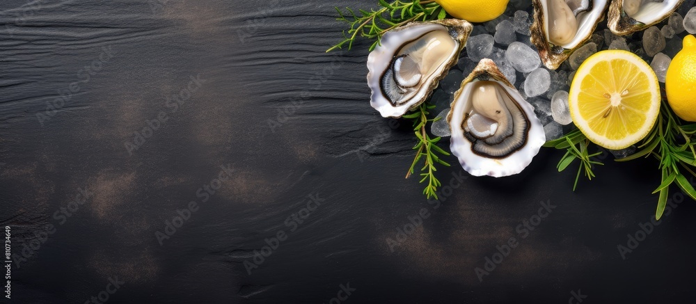 Fototapete Overhead view of whole oysters presented on a rustic slate table accompanied by ice and slices of fresh lemon creating a captivating copy space image