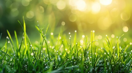 Background of fresh thick grass with water drops in the early morning - obrazy, fototapety, plakaty