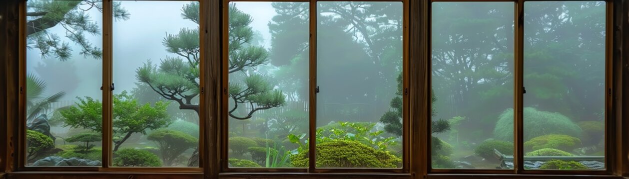 Fototapeta A view of a Japanese garden from inside a traditional house