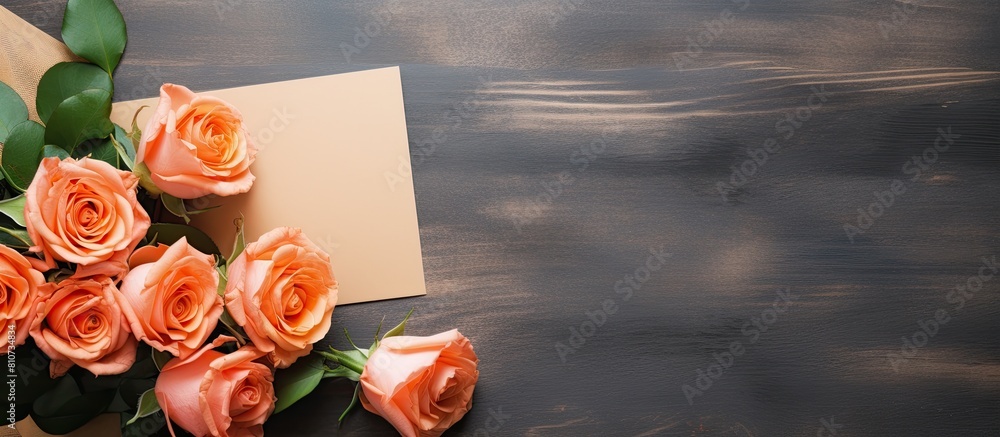 Aufkleber The homemade flat lay on the table features a creative mock up layout adorned with roses There is copy space available and an empty sheet of paper accompanied by a mockup card and an orange rose