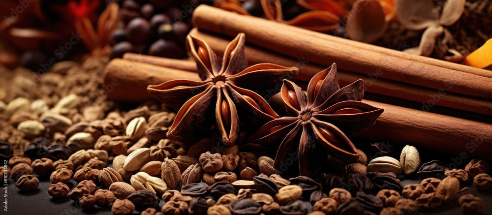 Poster a mixture of coffee grains and spices copy space image