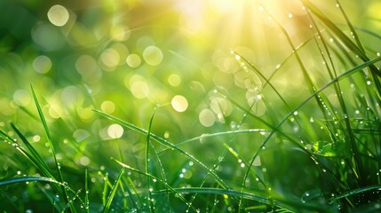 Background of fresh thick grass with water drops in the early morning - obrazy, fototapety, plakaty