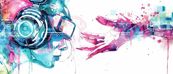 Watercolor of technology, illustrating cuttingedge gadgets in cyber styles, clipart watercolor on white background