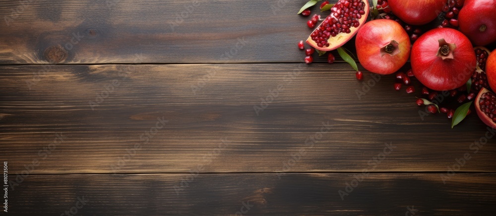 Leinwandbilder the wooden table is painted in a shabby style and a fresh pomegranate is placed on it in a top down 