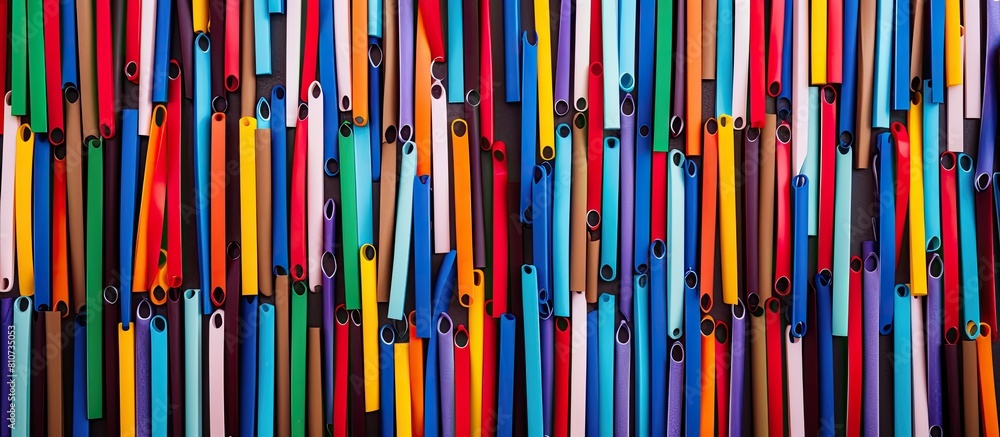 Poster top view of a colorful collection of stationery striped paper clips arranged in a flat lay creating 