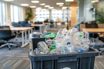 A trash can in a corporate office filled to the brim with empty water bottles and paper waste, emphasizing the need for proper recycling management