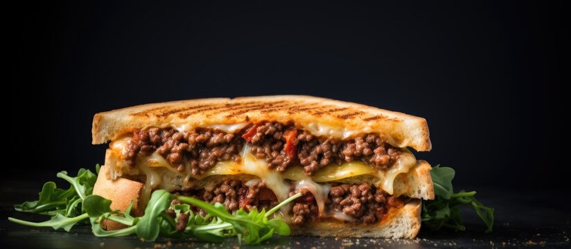 A classic jaffle a toasted sandwich filled with savory mince against a grey backdrop with plenty of room for additional elements in the image