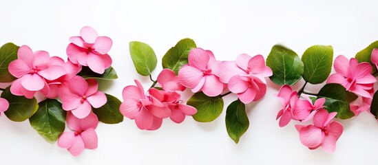 Obraz premium A beautiful arrangement of pink flowers and green leaves on a clean white background providing ample copy space for text or other content