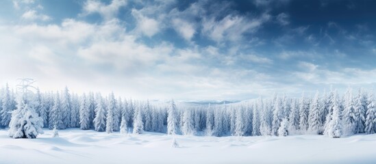 A winter themed Christmas landscape with a serene snow covered setting. Creative banner. Copyspace image