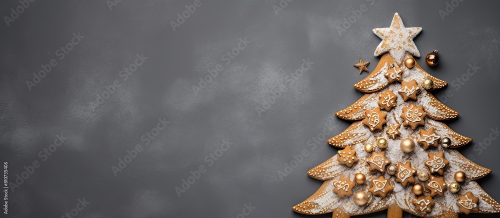 Poster a festive christmas gingerbread tree with a gray background seen from above the image leaves room fo
