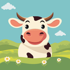Vector flat illustration of a cute cartoon cow on a field.
