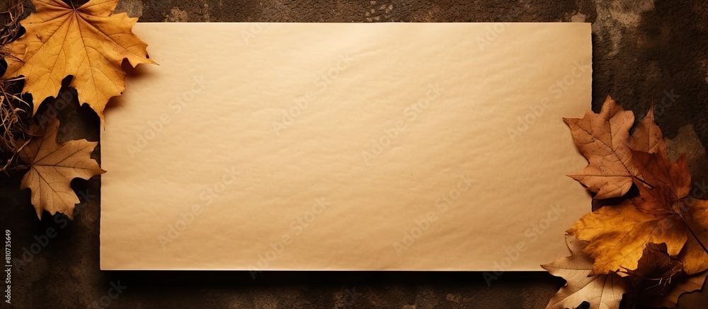 Poster Top view of blank memo paper on brown kraft paper background adorned with dry autumn leaves Perfect for adding text or images. Creative banner. Copyspace image