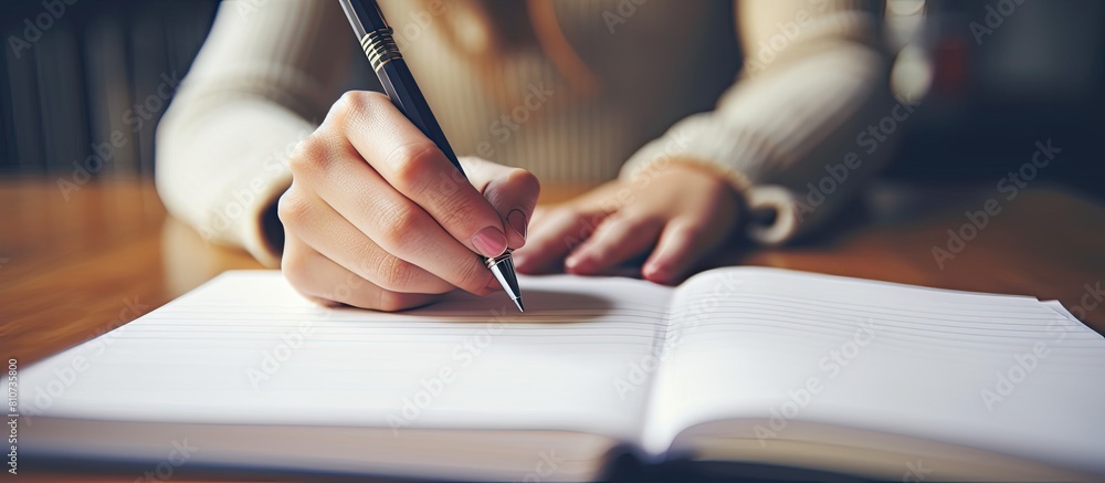 Poster close up image of a girl s hand holding a pen and writing on a notebook note pad with ample copy spa