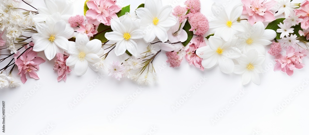 Aufkleber The image shows a floral arrangement with white and pink flowers on a white background It is a top down view with empty space for text This is a mockup. Creative banner. Copyspace image