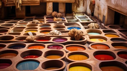 Traditional tannery. Many stone vats filled with colorful dye to process leather according to ancient techniques.