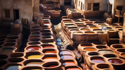 Traditional tannery. Many stone vats filled with colorful dye to process leather according to ancient techniques.