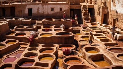 Traditional ancient leather processing techniques. Tannery with many stone vats filled with colorful dye.