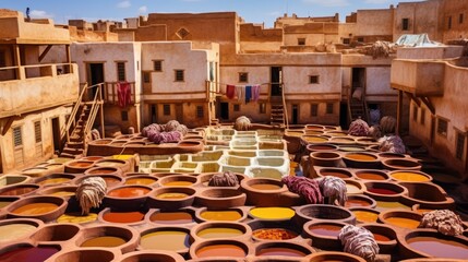 Traditional ancient leather processing techniques. Tannery with many stone vats filled with colorful dye.