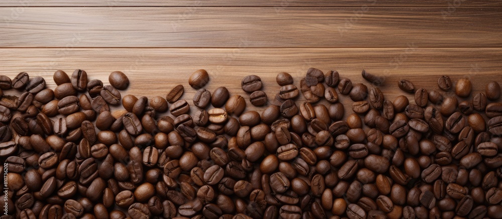 Poster top view of roasted coffee beans scattered on a light wooden table with copy space image