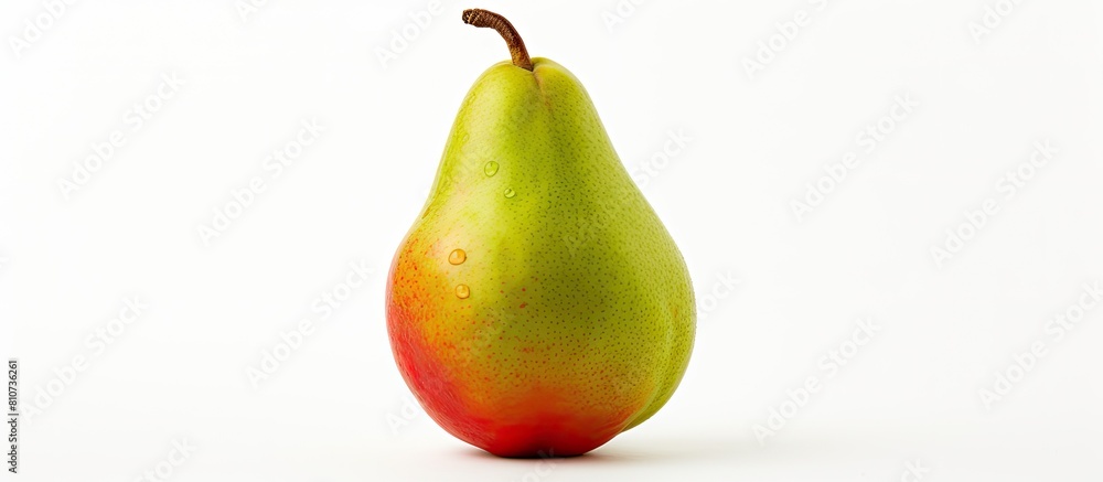 Poster Close up of a pear with green and red tones positioned on a white background providing ample copy space in the image