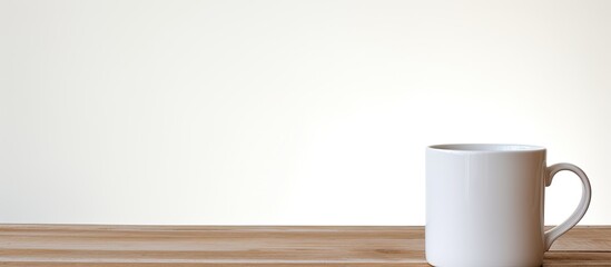An unoccupied white coffee cup rests atop a white wooden table offering ample space for a copy space image