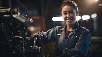 A woman mechanic specialist on the background of the workshop, garage. Smiling female master in the factory shop among machines and repair equipment. - Powered by Adobe
