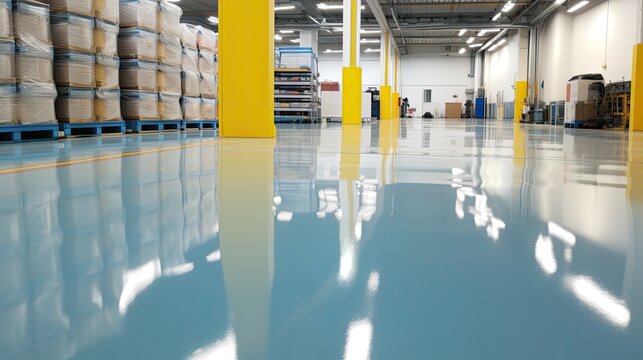 New shiny epoxy resin floor in a large, brightly lit room. Office, warehouse, production workshop after renovation.