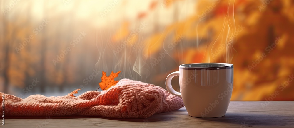Poster an inviting scene with a hot cup of cozy drink and an autumn sweater placed on a table providing amp