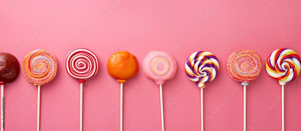 Poster A delectable assortment of lollipops arranged on a delightful pink background with the items placed neatly to create a flat lay composition Ample copy space is available for adding text