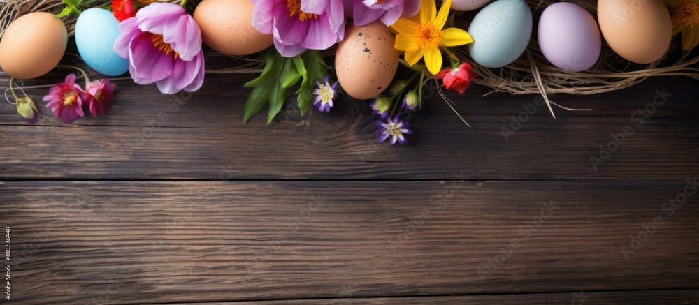 Aufkleber a charming arrangement of spring flowers and an easter egg adorns a rustic wooden background in this
