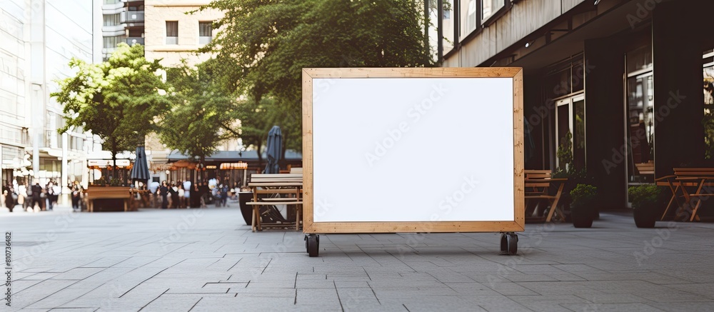 Aufkleber an empty advertising space with a copy space image is placed on a wooden stand outside in the street