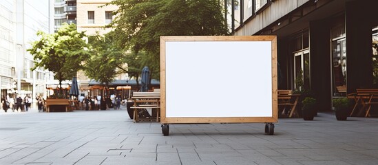 An empty advertising space with a copy space image is placed on a wooden stand outside in the street