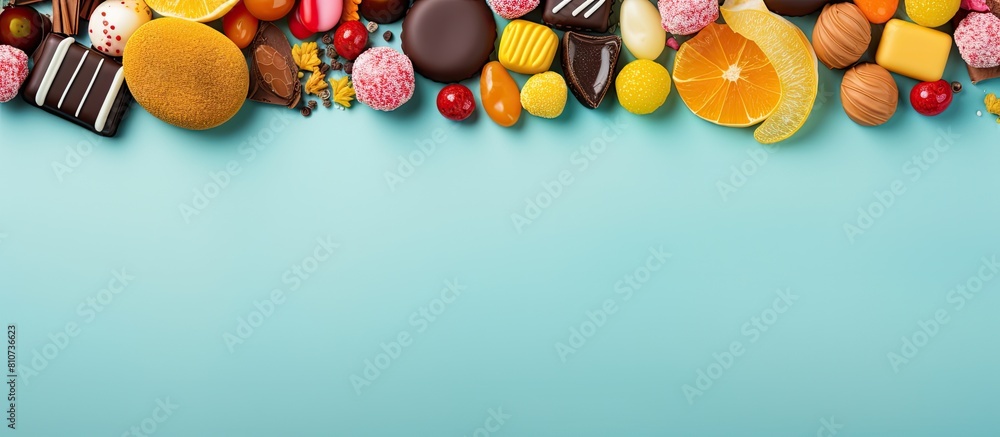 Poster a vibrant assortment of candy arranged on a colorful background seen from above in a flat lay style 