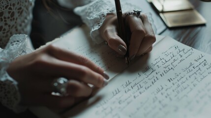 Intimate Moment: A close-up shot of a woman's hands as she delicately writes on a beautiful, textured paper, capturing the intimacy and thoughtfulness of the writing process. Generative AI