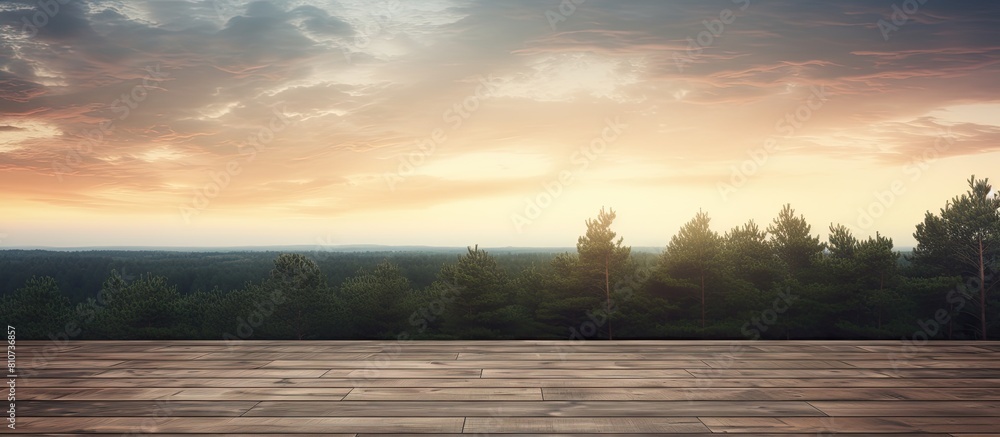 Poster evening view of a wood floor blending with the forest under a sky full of visual copy space