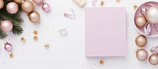 An aesthetically appealing flat lay style image of a planning concept notebook adorned with festive decorations and placed on a white table with a designated area for text The color scheme exudes a s - Powered by Adobe