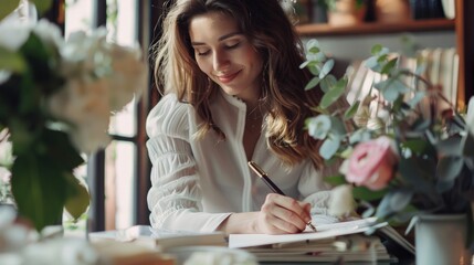 Modern Elegance: A woman in a contemporary setting, elegantly dressed, writing a wedding invitation card with modern calligraphy tools like a fountain pen and stylish stationery. Generative AI