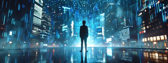 A business man stands in the center of an empty futuristic city, surrounded by glowing data streams and holographic screens.