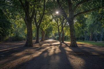 Sun shines through towering trees in urban park, creating striking patterns of light and shadows