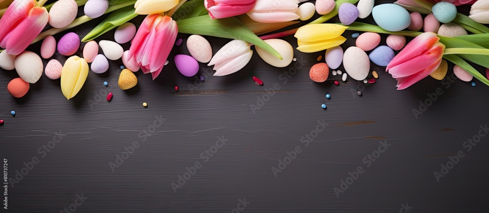 Poster a beautiful spring holiday background featuring vibrant easter eggs delicate tulips and an assortmen