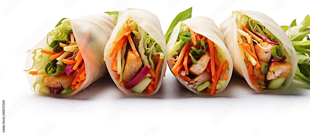 Poster a copy space image of healthy vegetable spring rolls with sesame seeds presented on a clean white ba