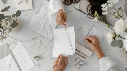 Wedding Preparation: A series of images showing a woman choosing the perfect stationery, designing the layout of the invitation, and finally writing personalized messages for each guest. Generative AI