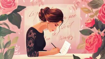 Woman writing romantic letter or wedding invitation card. Generative AI