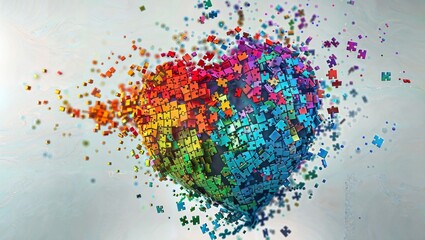 A burst of colorful puzzle pieces or pixels forming an abstract sphere shape, symbolizing creativity, diversity, or complexity. Scattered fragments create a radiant mosaic effect.