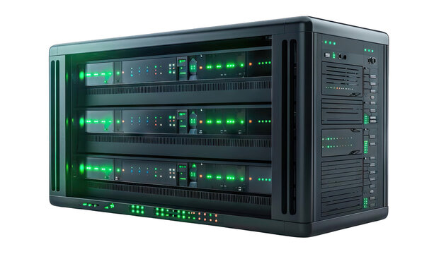 A rack of servers with green lights.