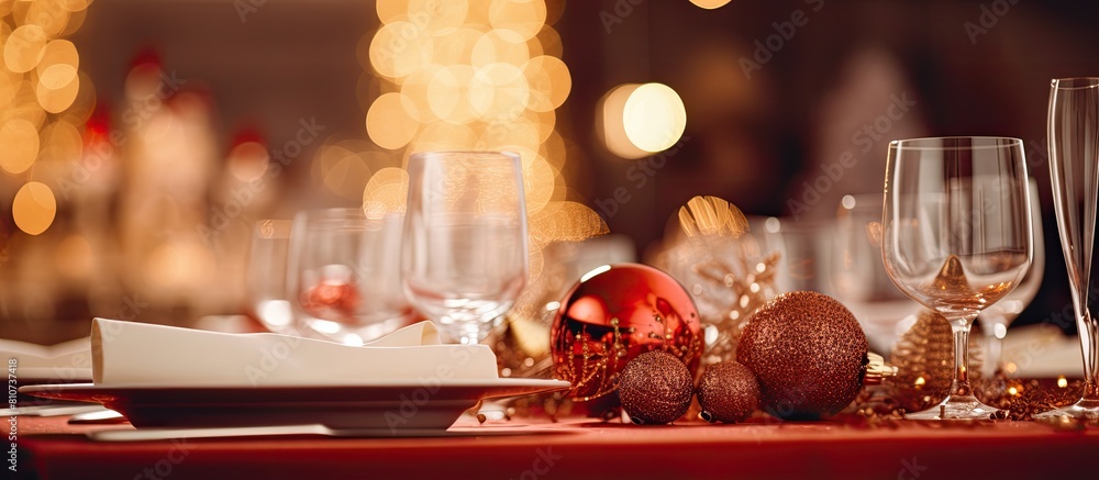 Poster a festive holiday themed table decoration with an out of focus background of twinkling lights perfec