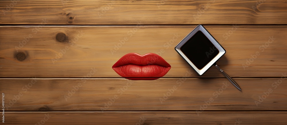 Poster Top down view of a wooden table displaying a paper napkin adorned with a phone number and a lipstick mark Ample space is available for text in this image