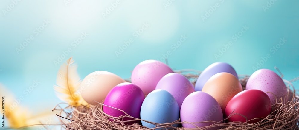 Aufkleber Colorful Easter eggs displayed in a nest on a pastel background providing ample space for copy or additional images