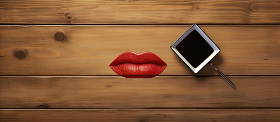 Top down view of a wooden table displaying a paper napkin adorned with a phone number and a lipstick mark Ample space is available for text in this image
